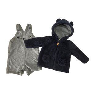 Carters Baby Bundle 6M Navy Sherpa Hood Jacket + 12M Short Romper Gray Blue NWOT